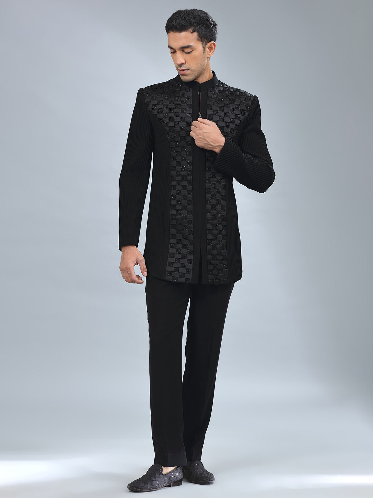 Newest black textured terry rayon indowestern