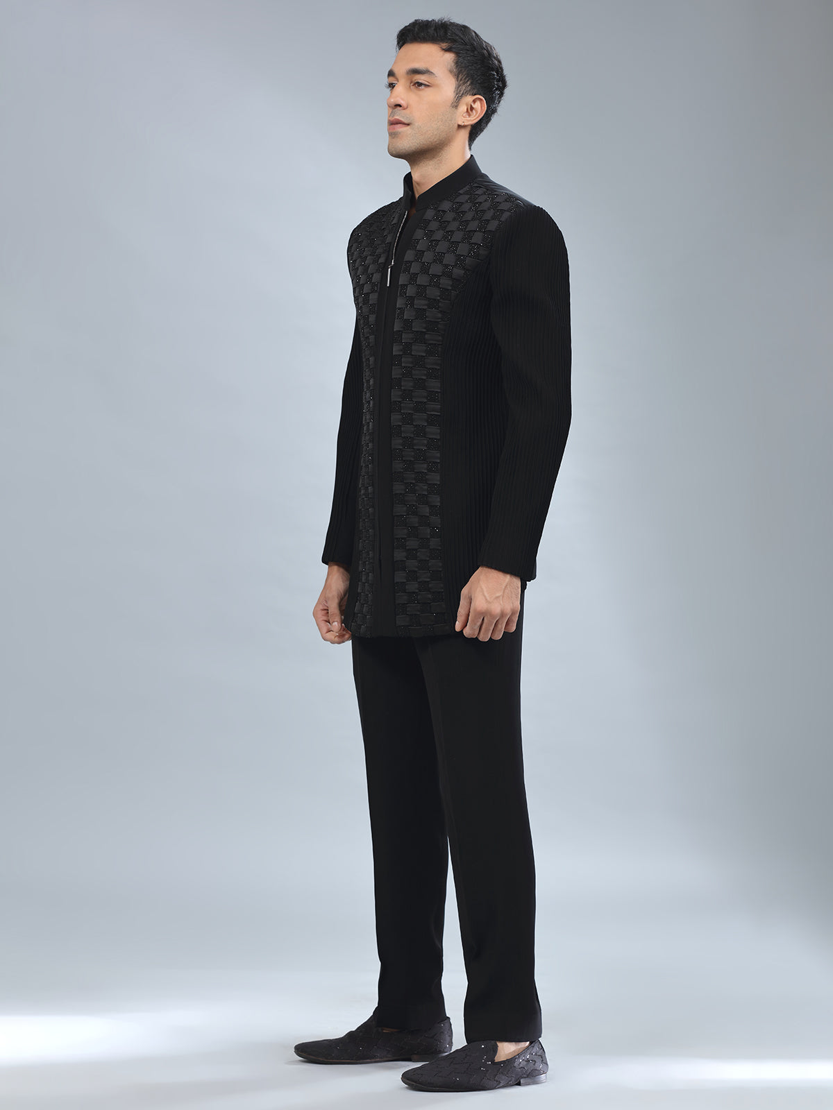 Newest black textured terry rayon indowestern