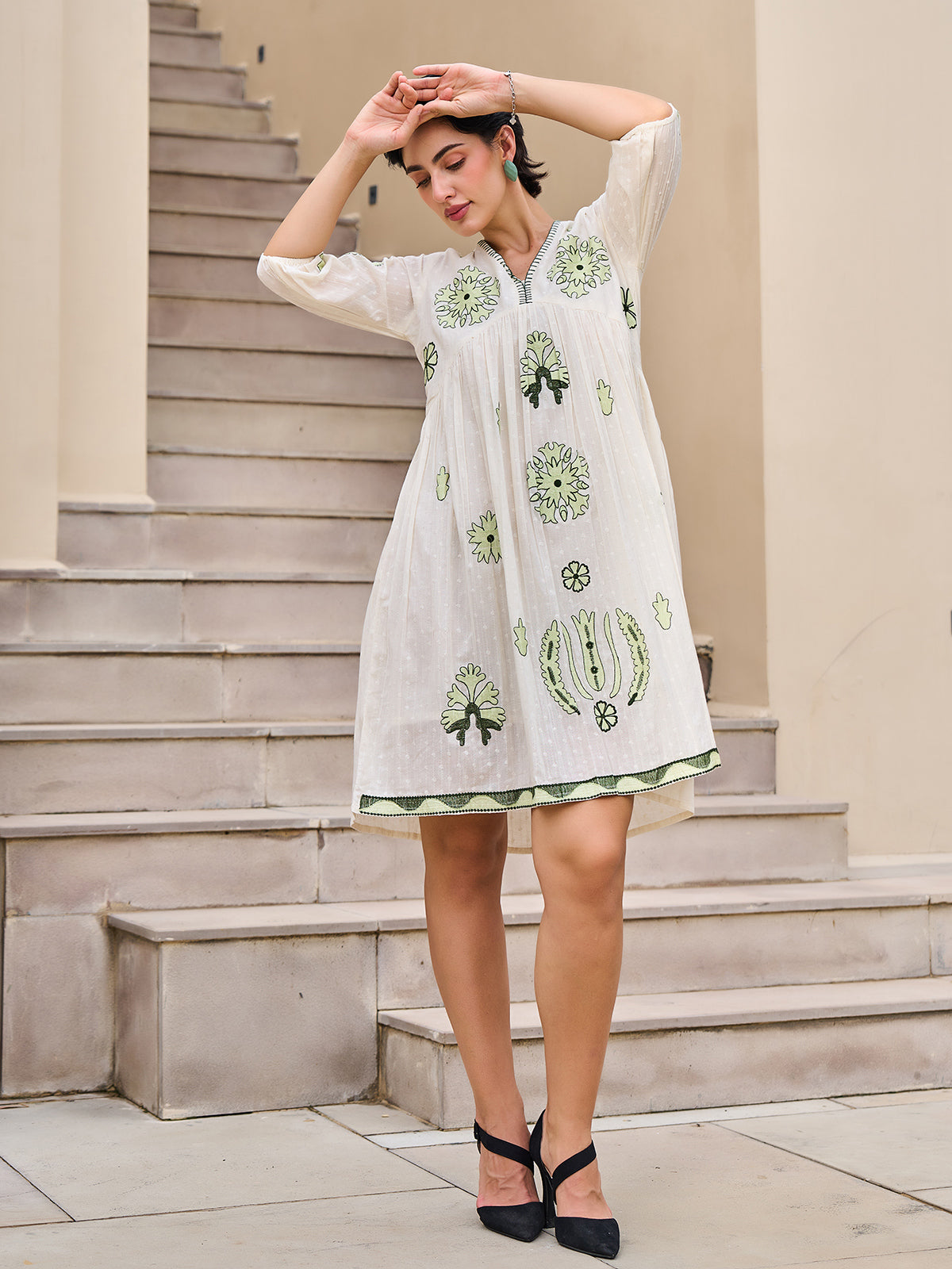 Off white cotton embroidered kurti with V neck
