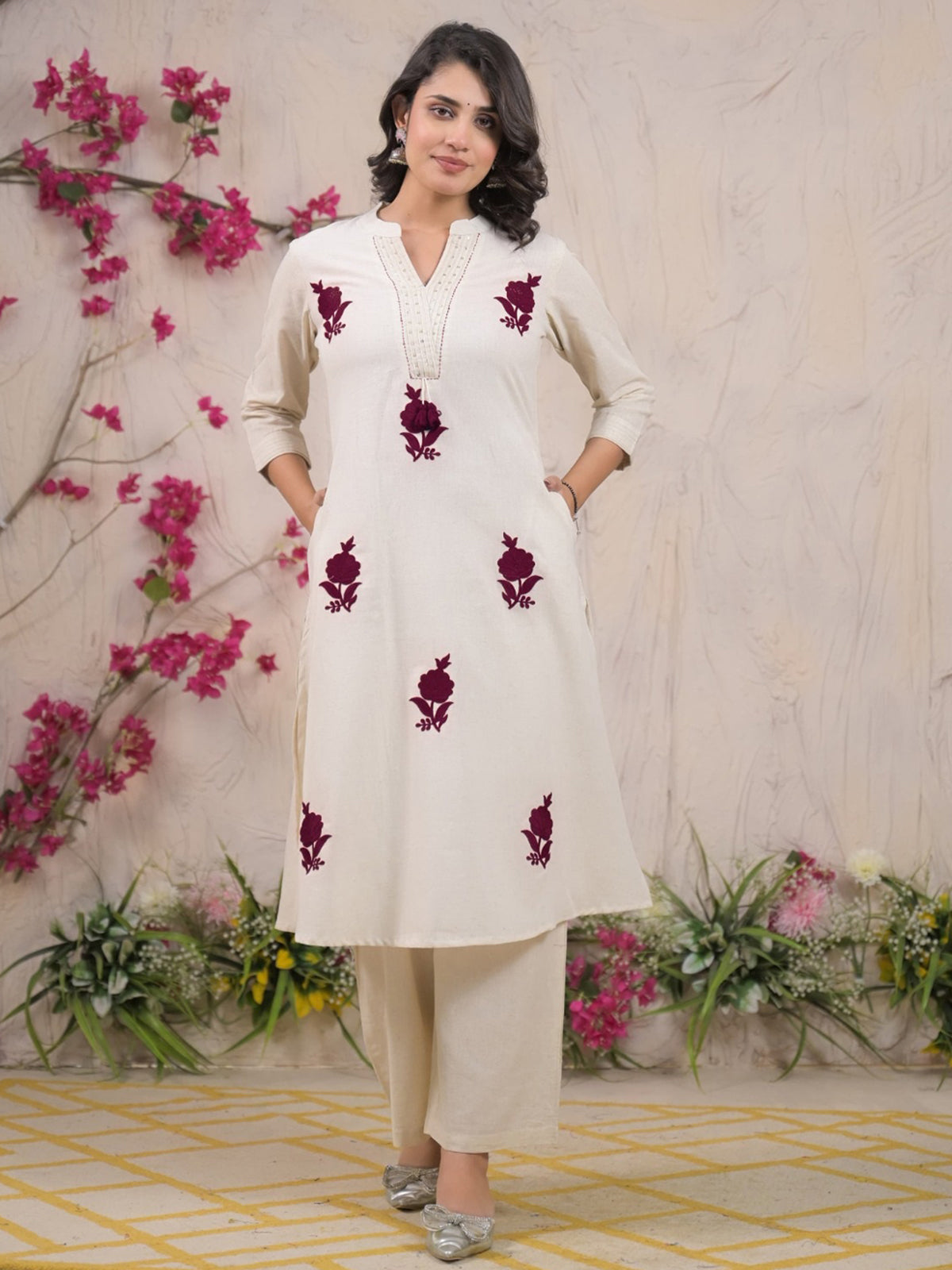 Off white cotton silk kurti palazzo set