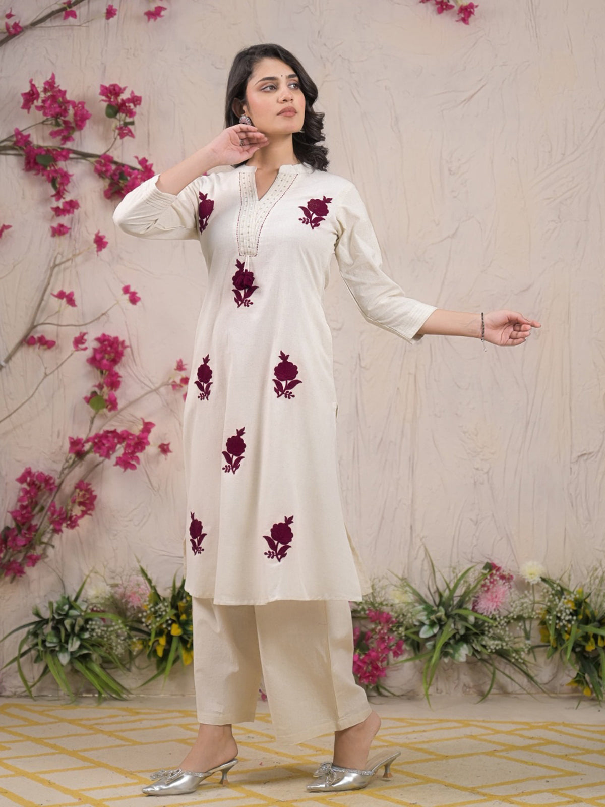Off white cotton silk kurti palazzo set