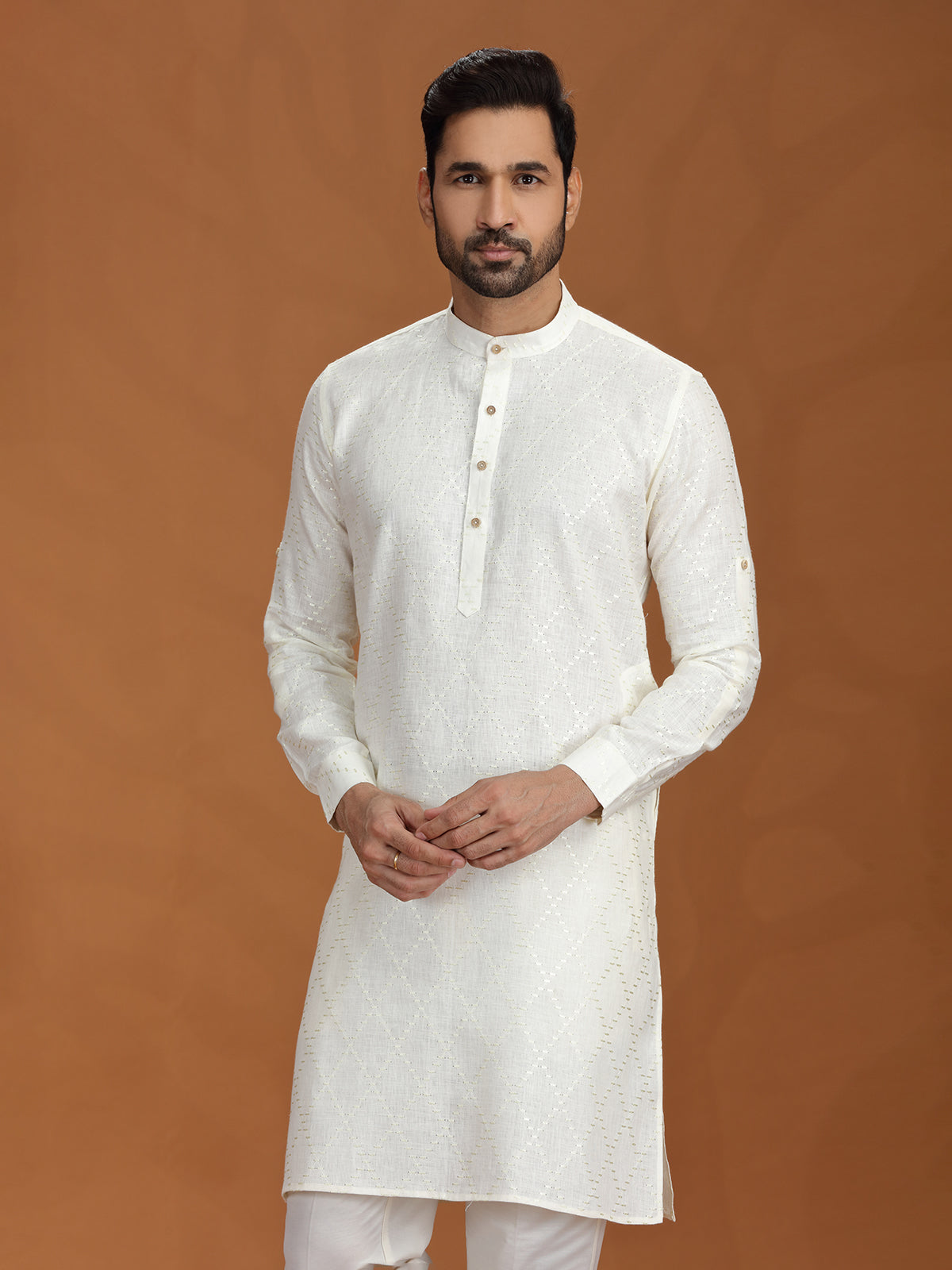 Off white embroidered linen kurta with mandarin collar