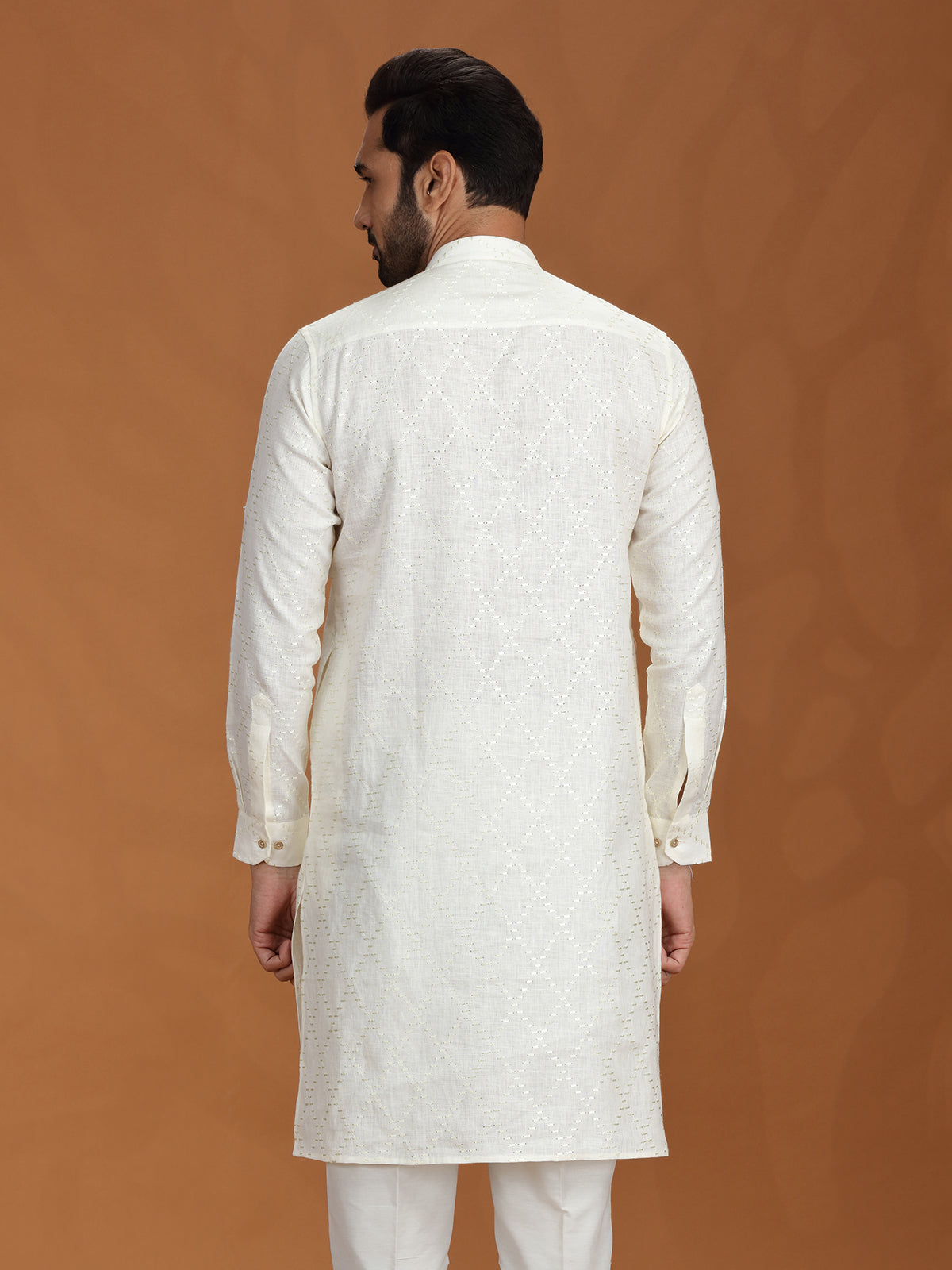 Off white embroidered linen kurta with mandarin collar