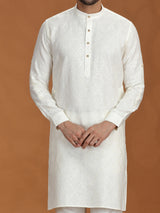 Off white embroidered linen kurta with mandarin collar