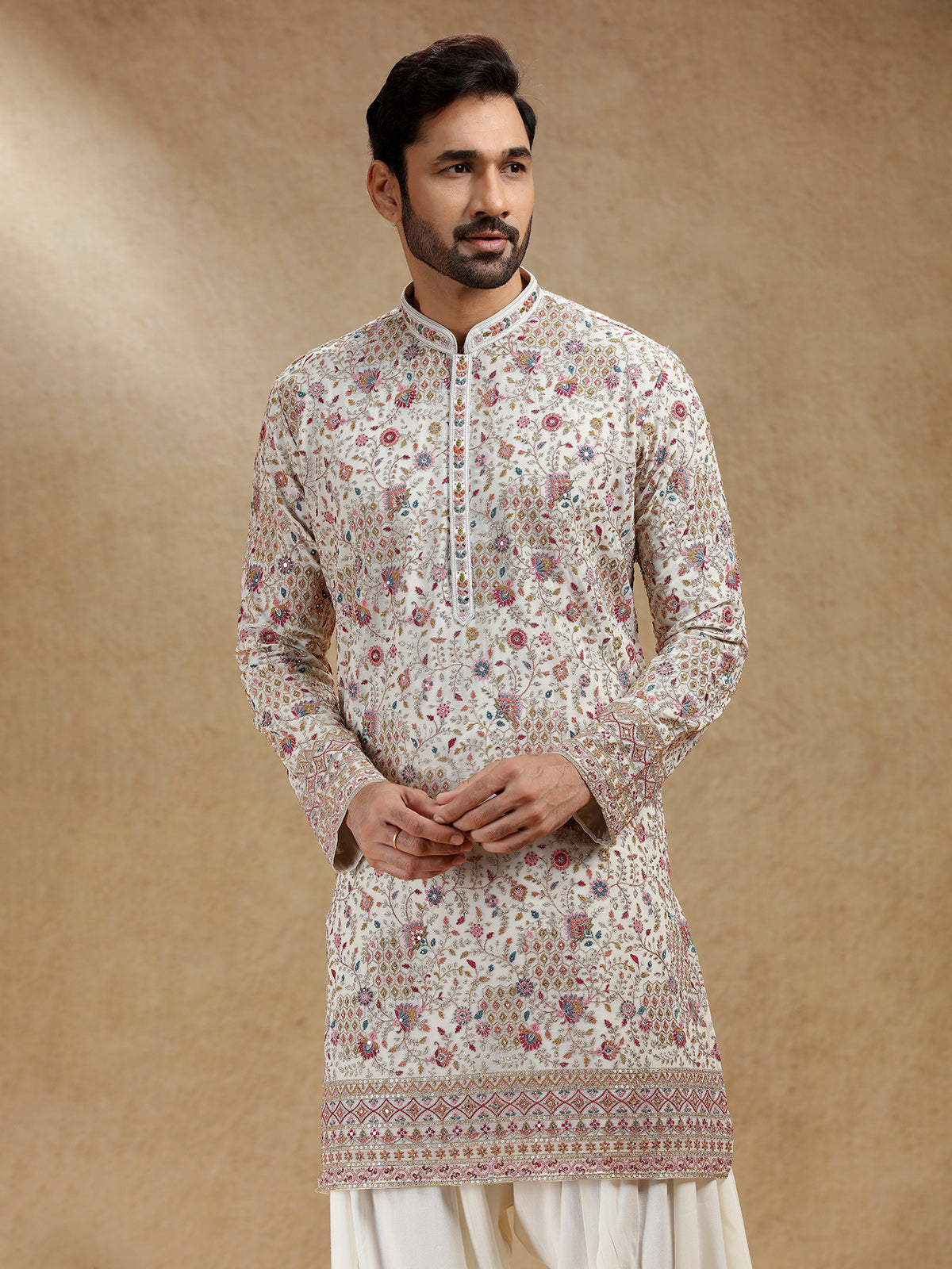 Off white georgette kurta salwar set for men