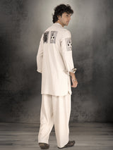Off white linen cotton printed festive wear kurta suit
