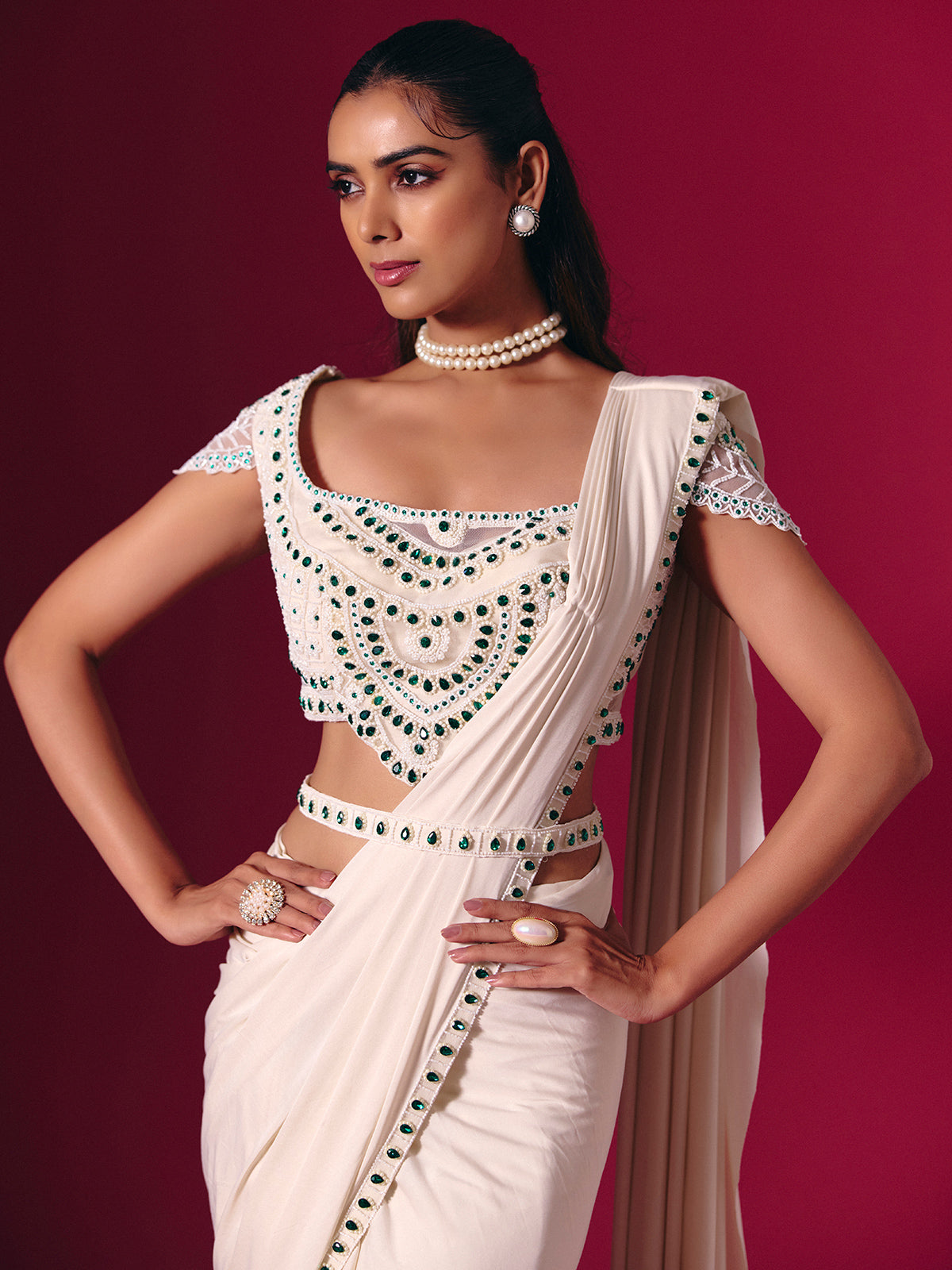 Off white lycra saree with stone and pearl detailing