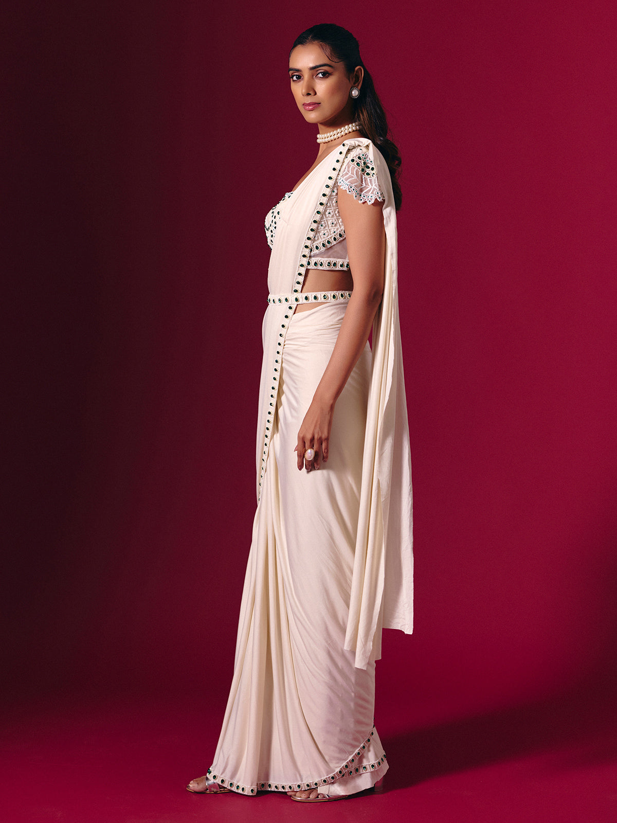 Off white lycra saree with stone and pearl detailing