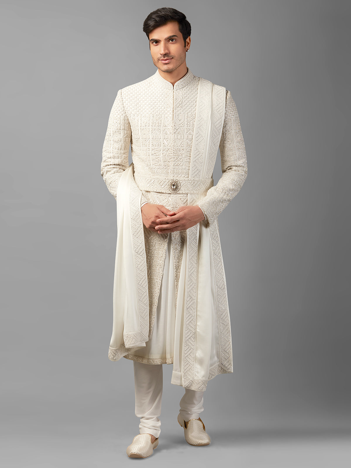 Off-white peshwai style groom sherwani