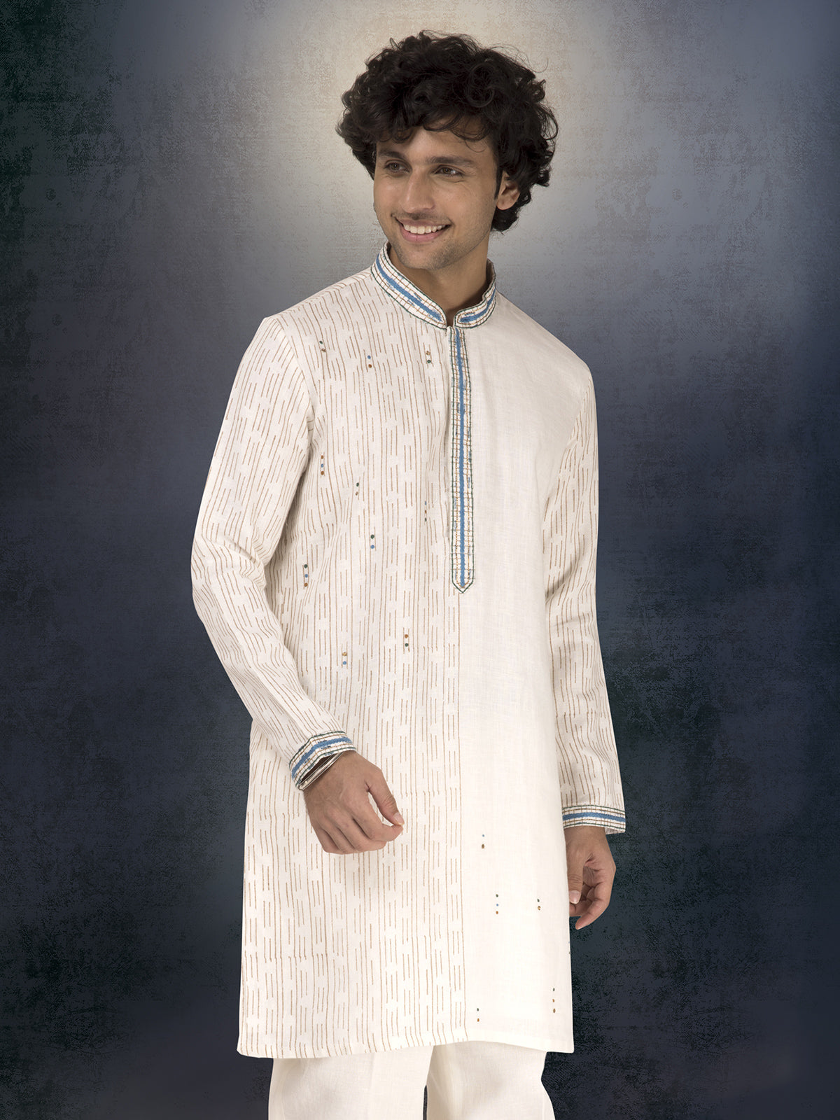 Off white pure linen waistcoat set with thread and resham work