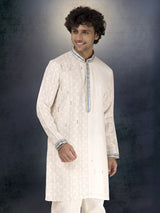 Off white pure linen waistcoat set with thread and resham work