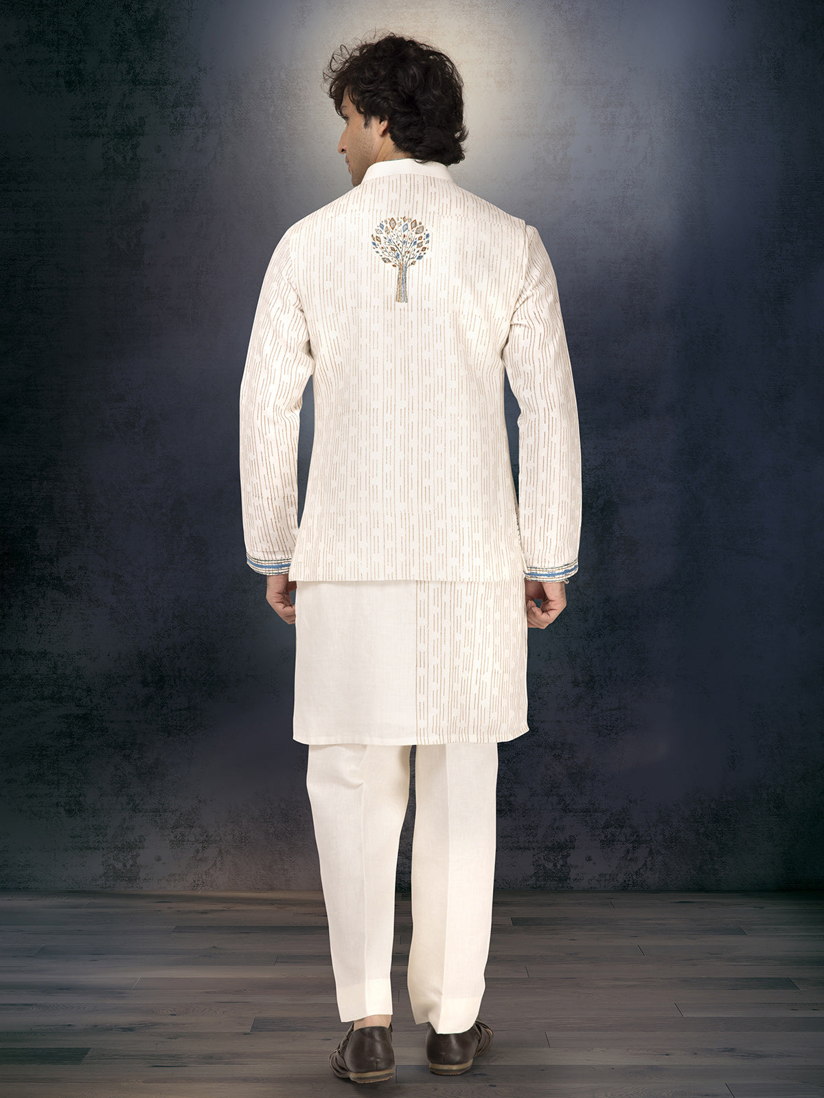 Off white pure linen waistcoat set with thread and resham work