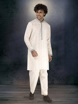 Off white pure linen waistcoat set with thread and resham work