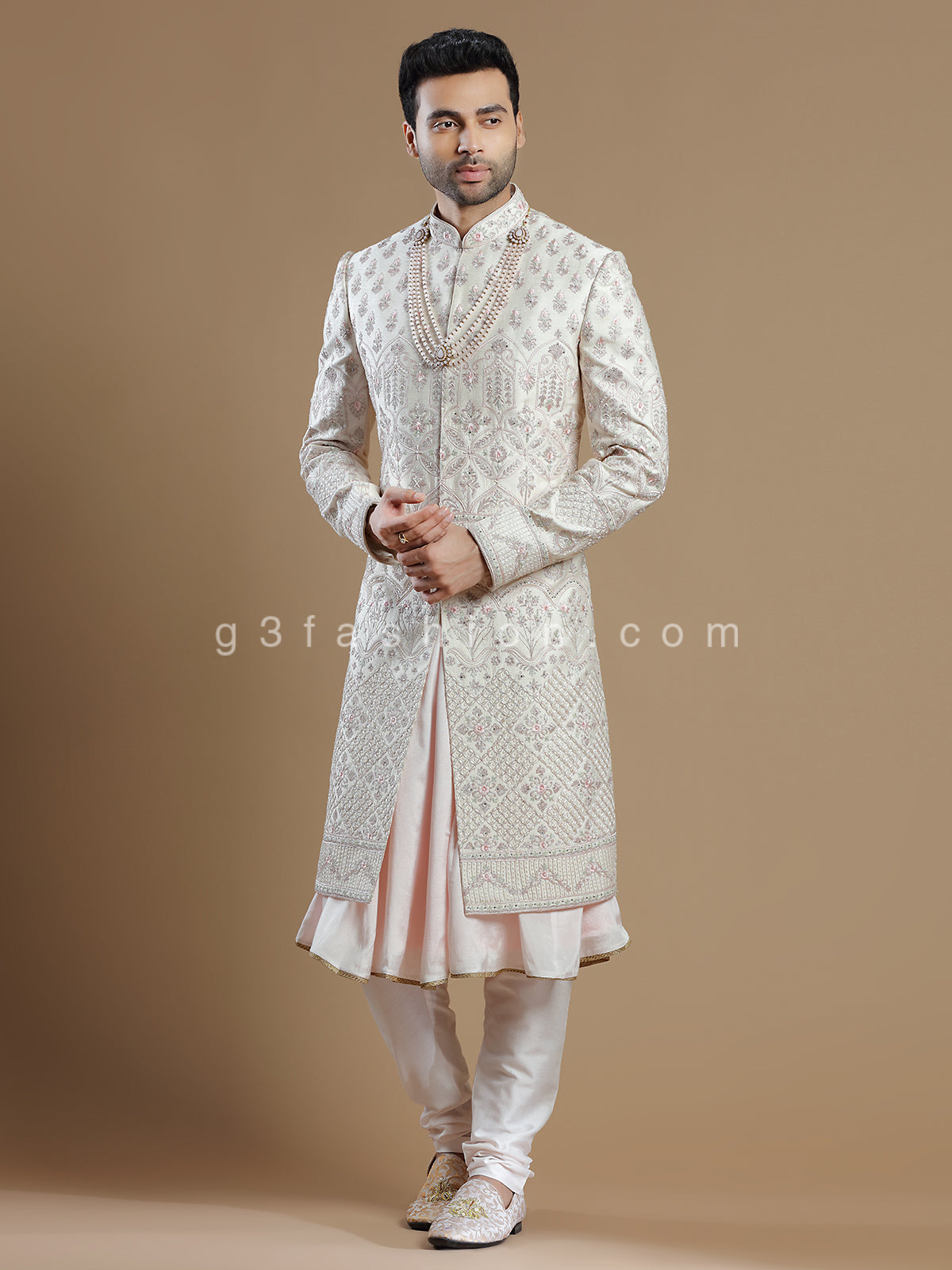 Off white rich raw silk groom wear sherwani
