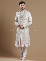 Off white rich raw silk groom wear sherwani