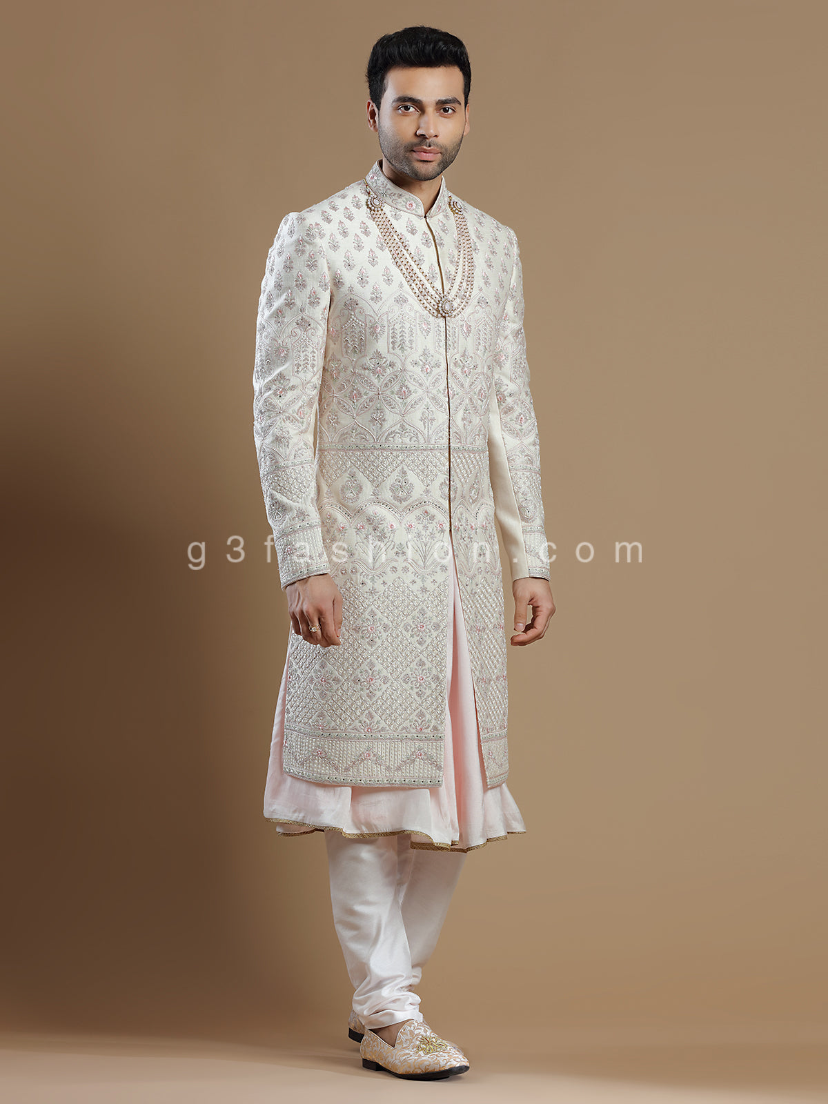 Off white rich raw silk groom wear sherwani