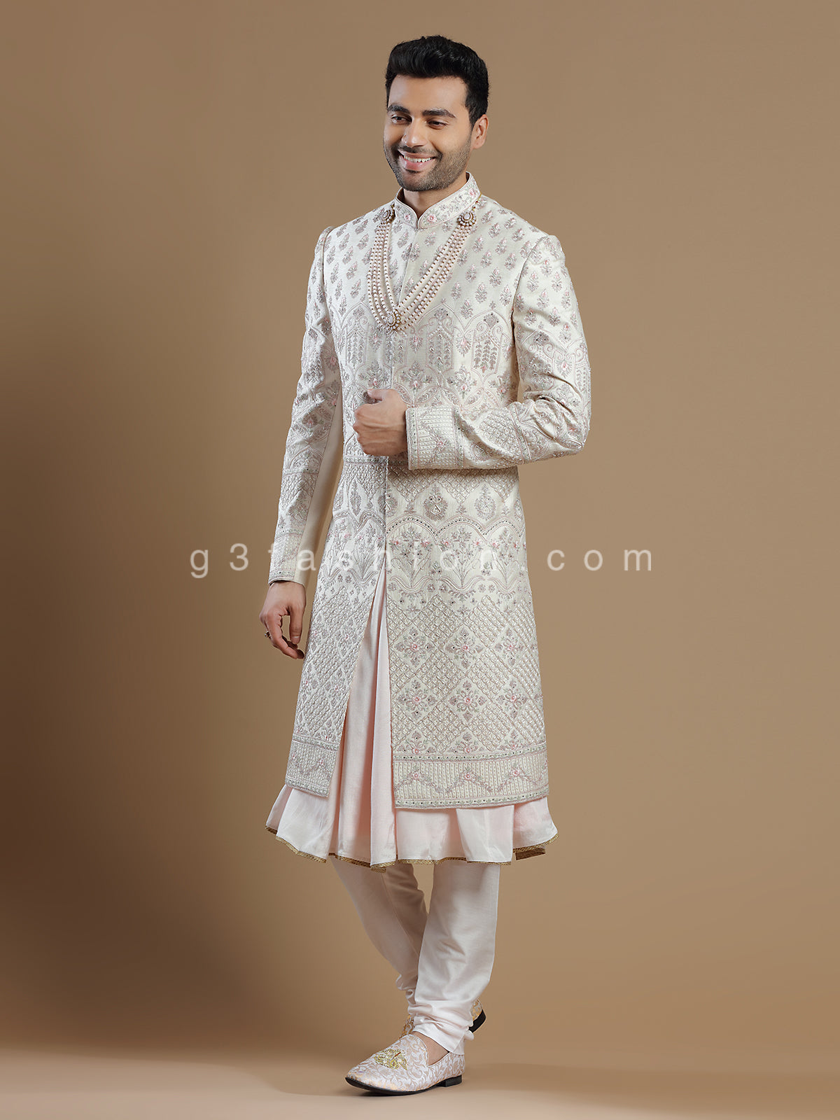 Off white rich raw silk groom wear sherwani