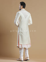 Off white rich raw silk groom wear sherwani