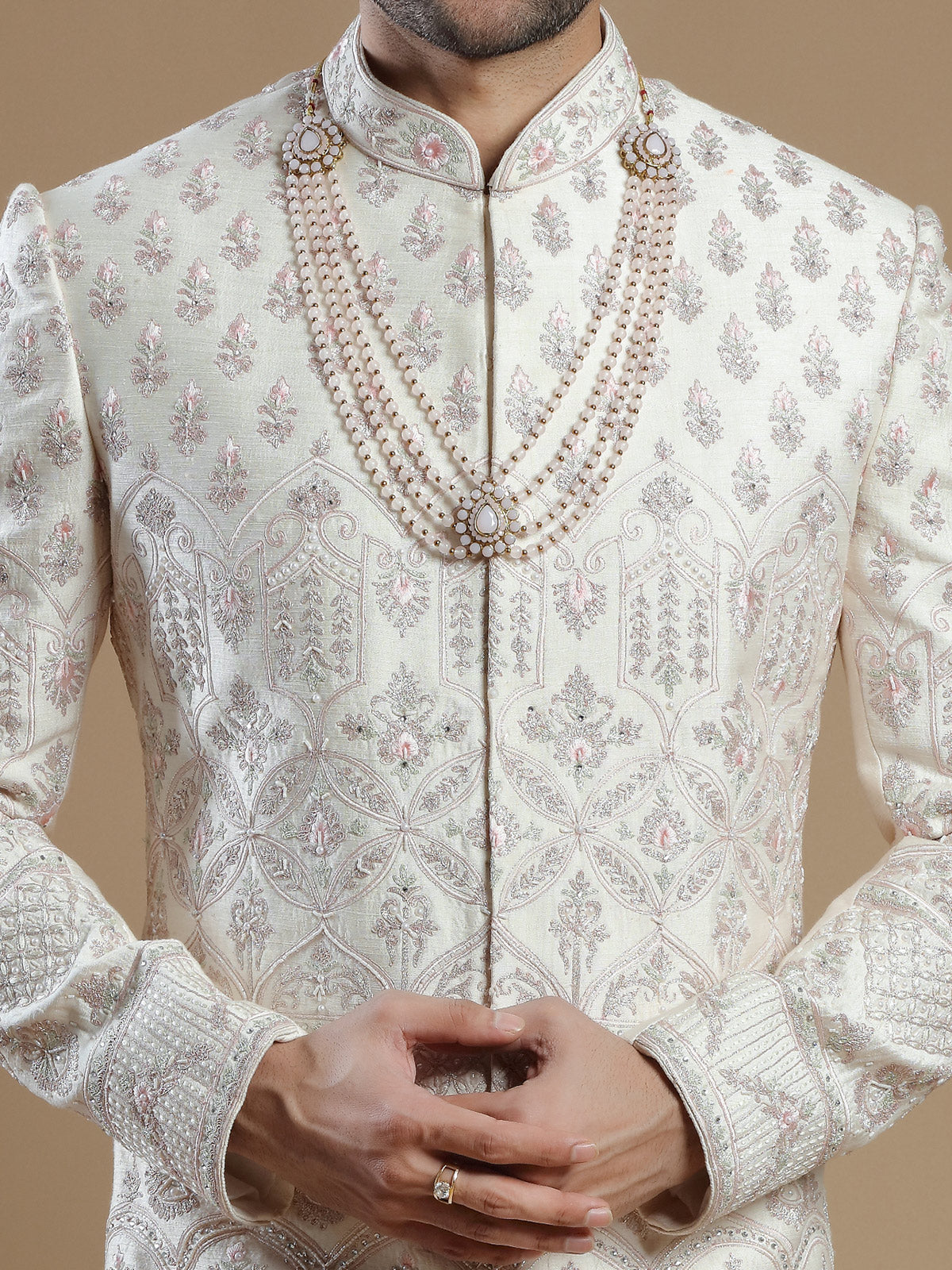 Off white rich raw silk groom wear sherwani