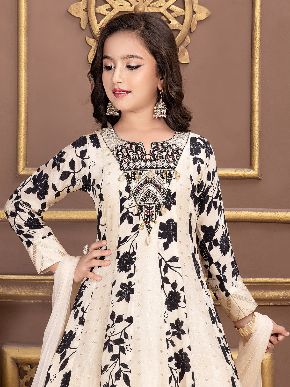 Off white wedding wear printed silk elegant gown for girls