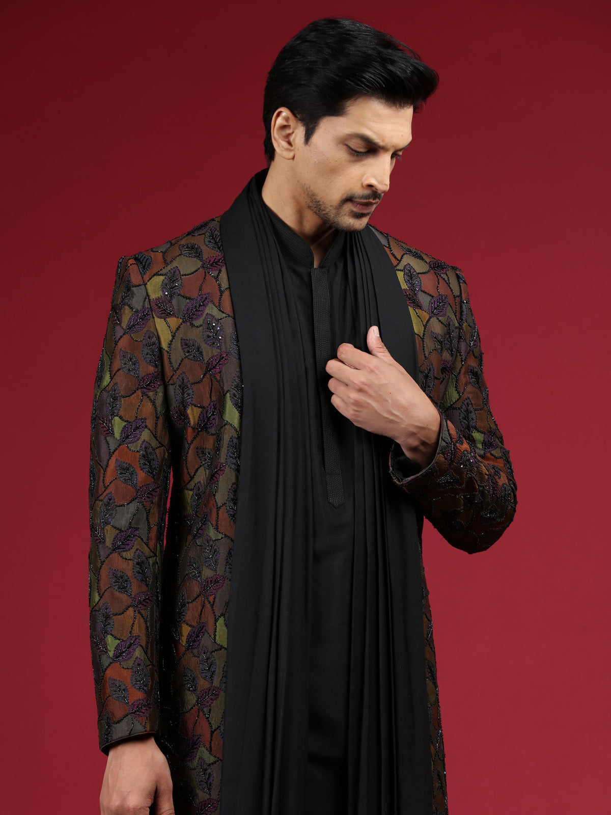 Olive and black silk indowestern