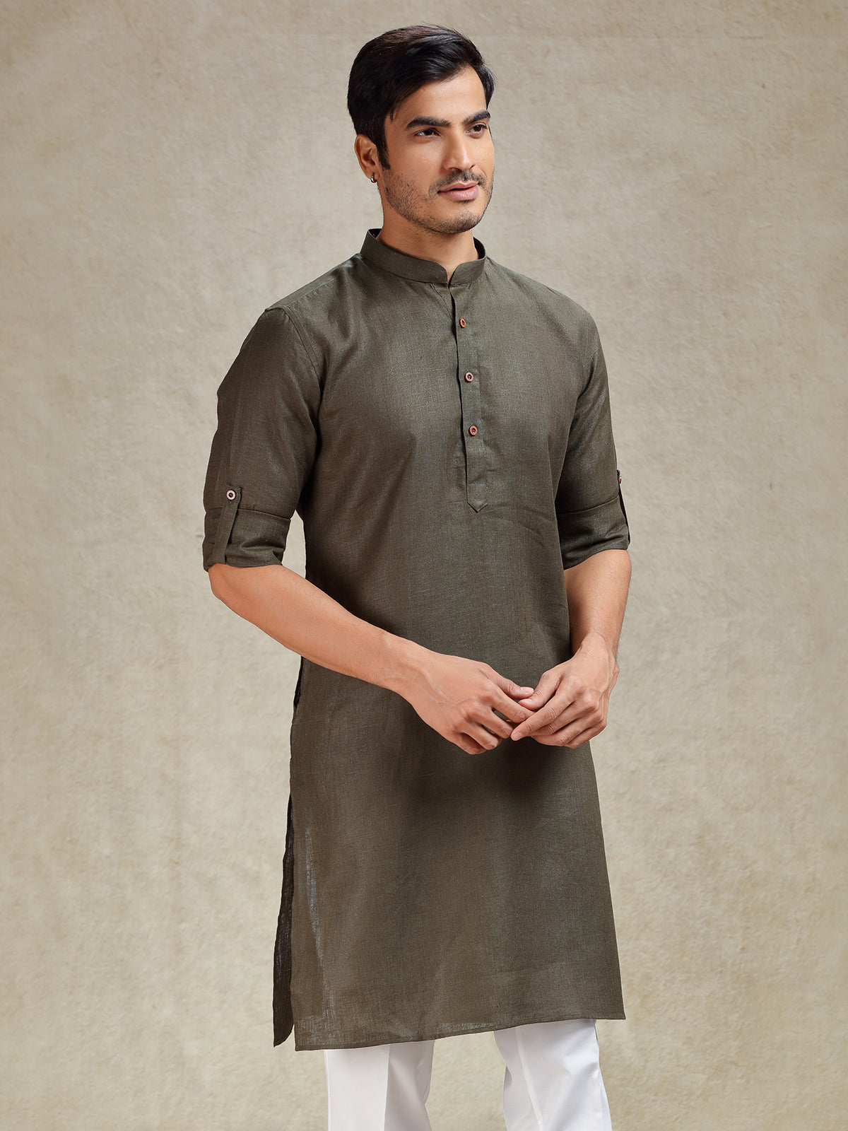 Olive green linen kurta for ethnic look