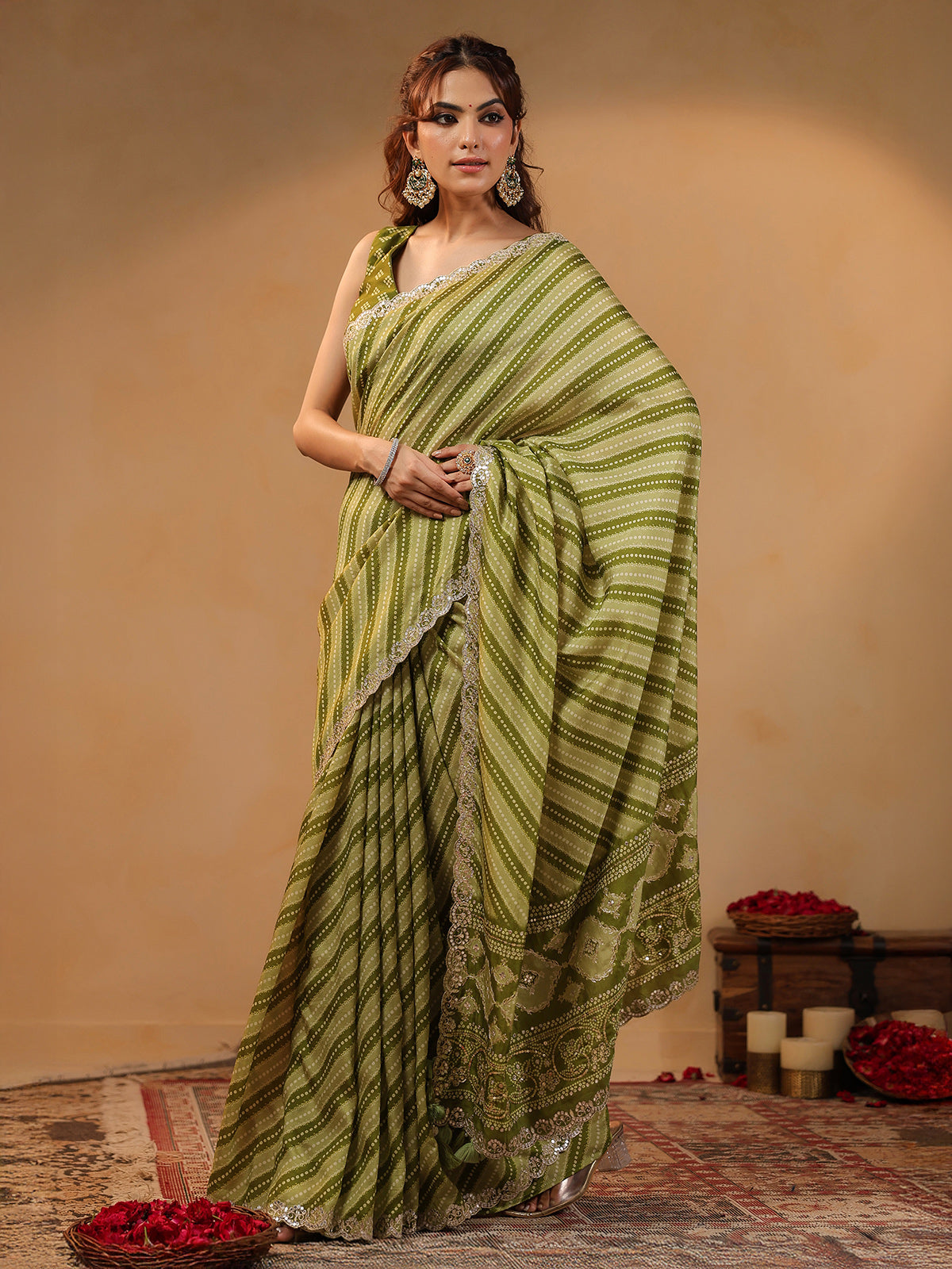 Olive printed silk saree with gota embellishment