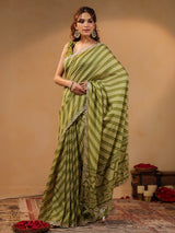 Olive printed silk saree with gota embellishment