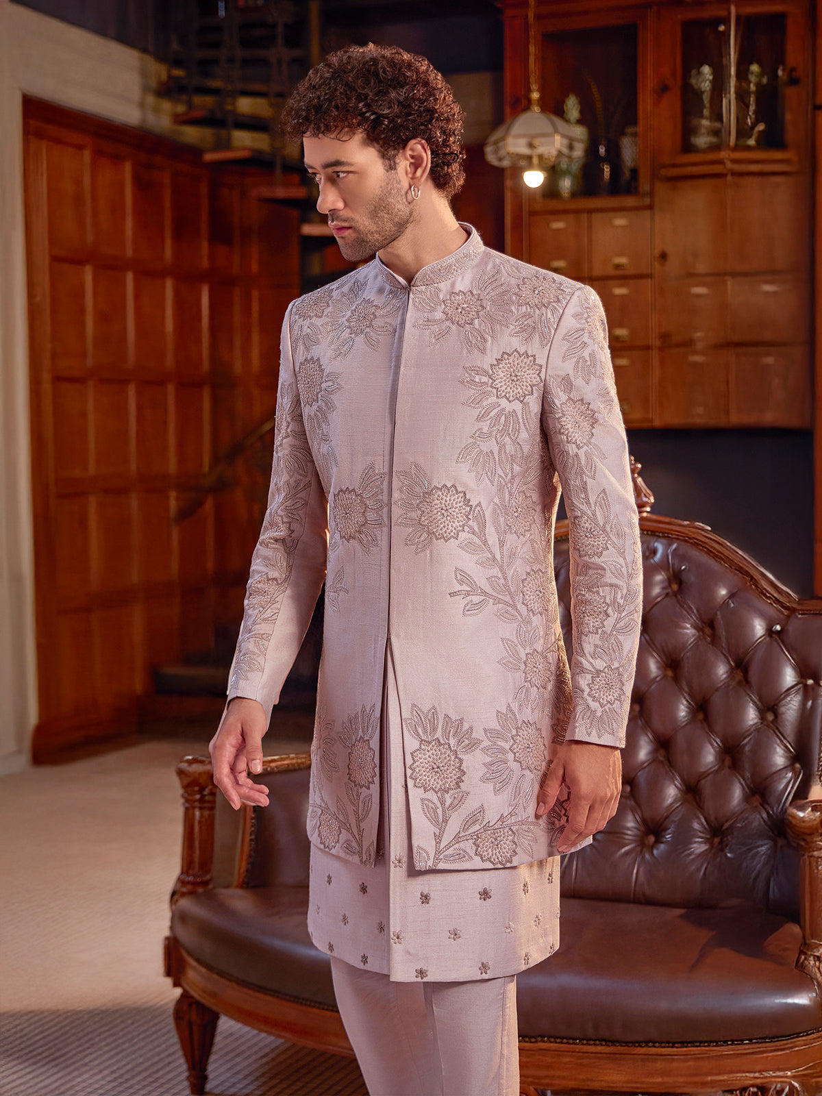 Onion pink art silk resham work indo western jacket