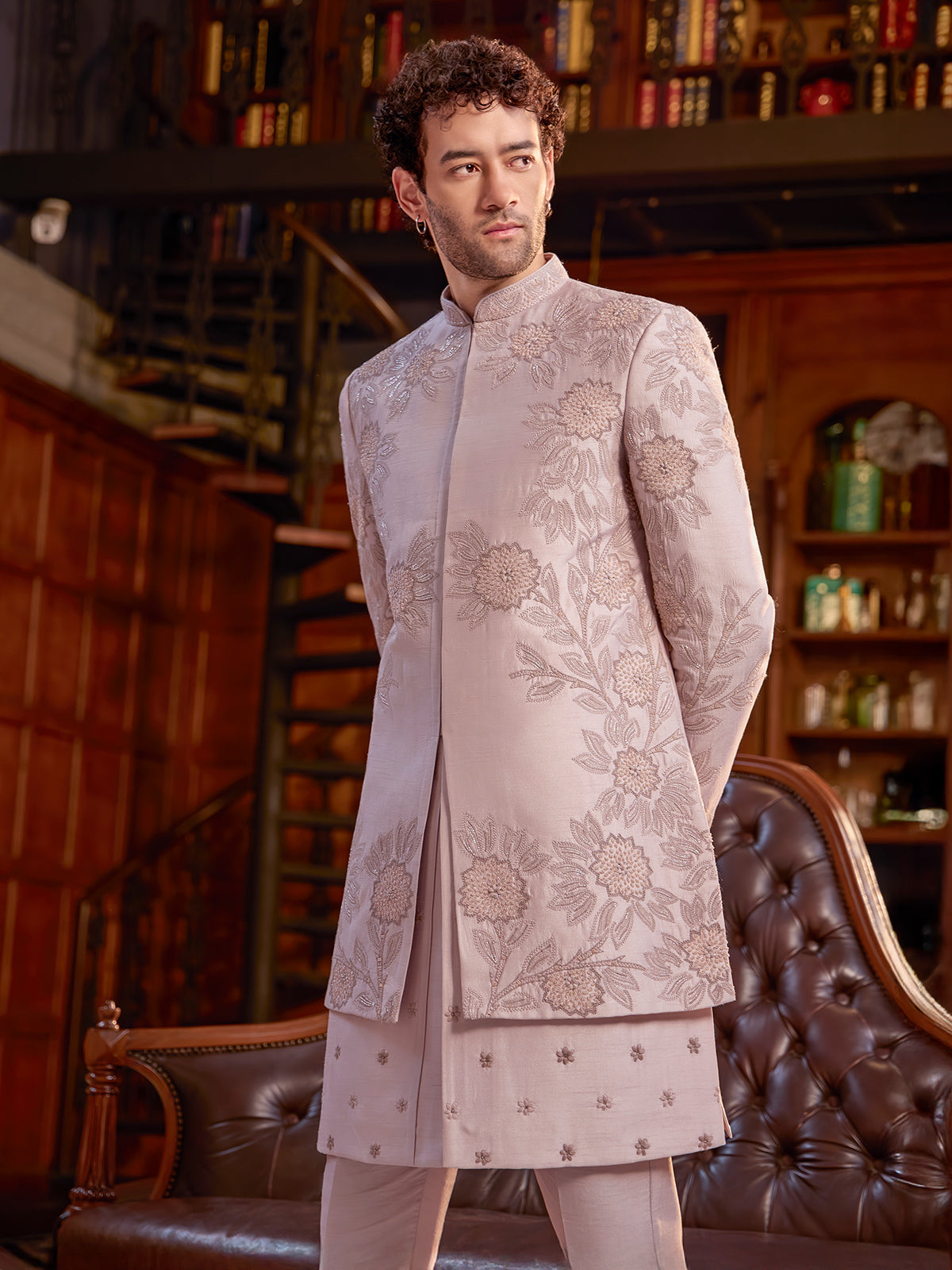 Onion pink art silk resham work indo western jacket