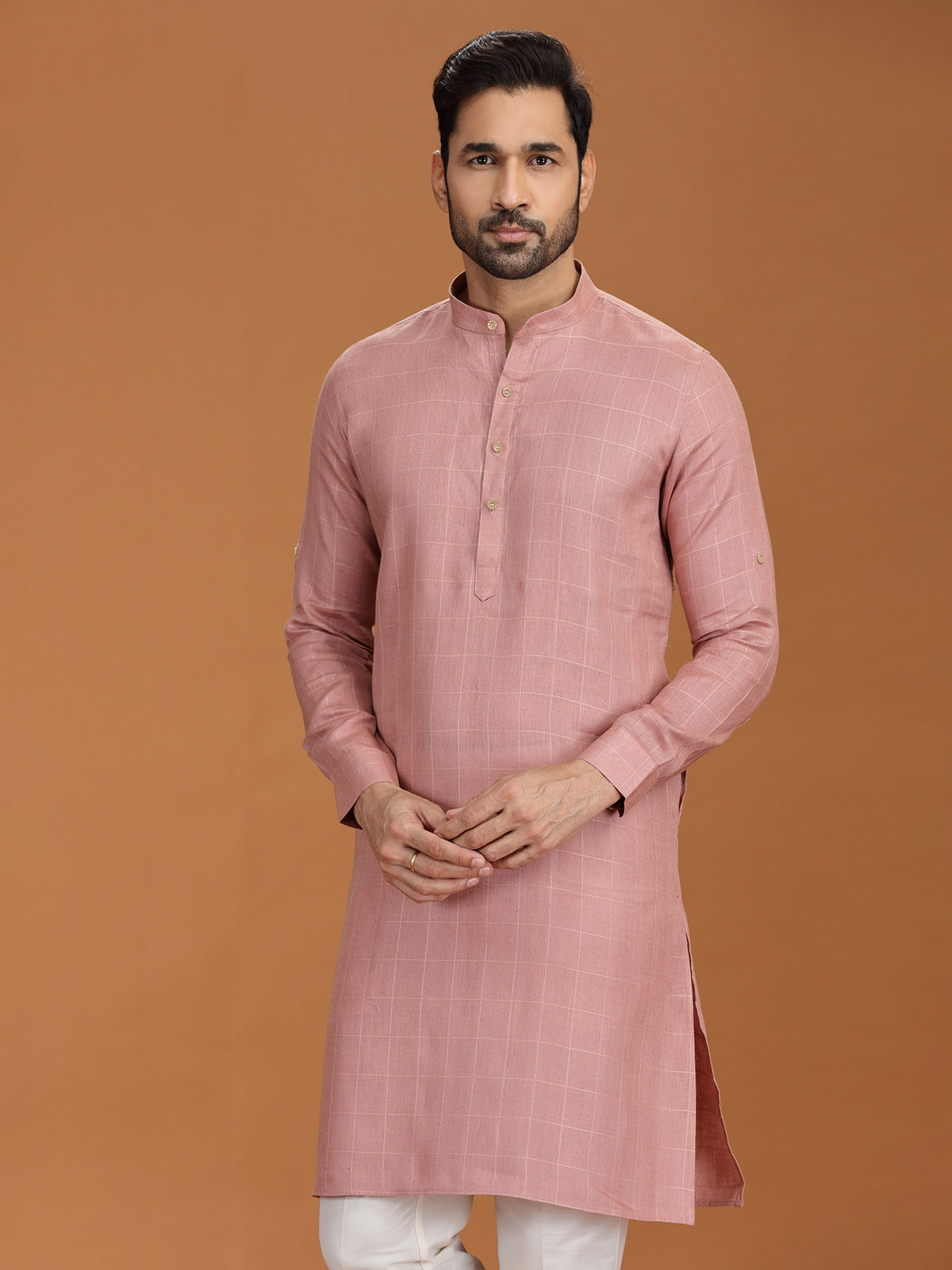 Onion pink checks linen kurta set for festive