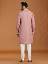Onion pink checks linen kurta set for festive
