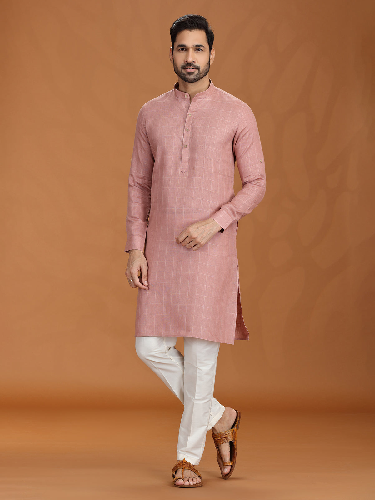 Onion pink checks linen kurta set for festive