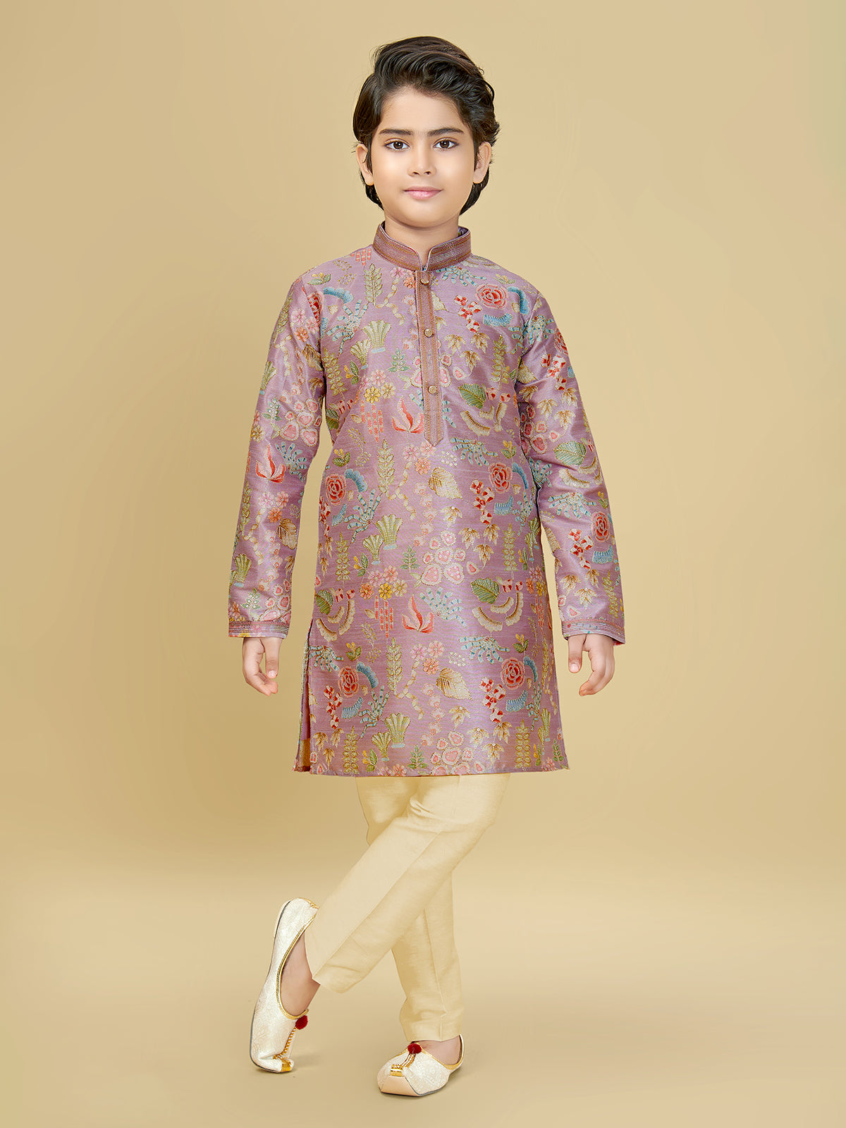 Onion pink silk kurta suit with resham work
