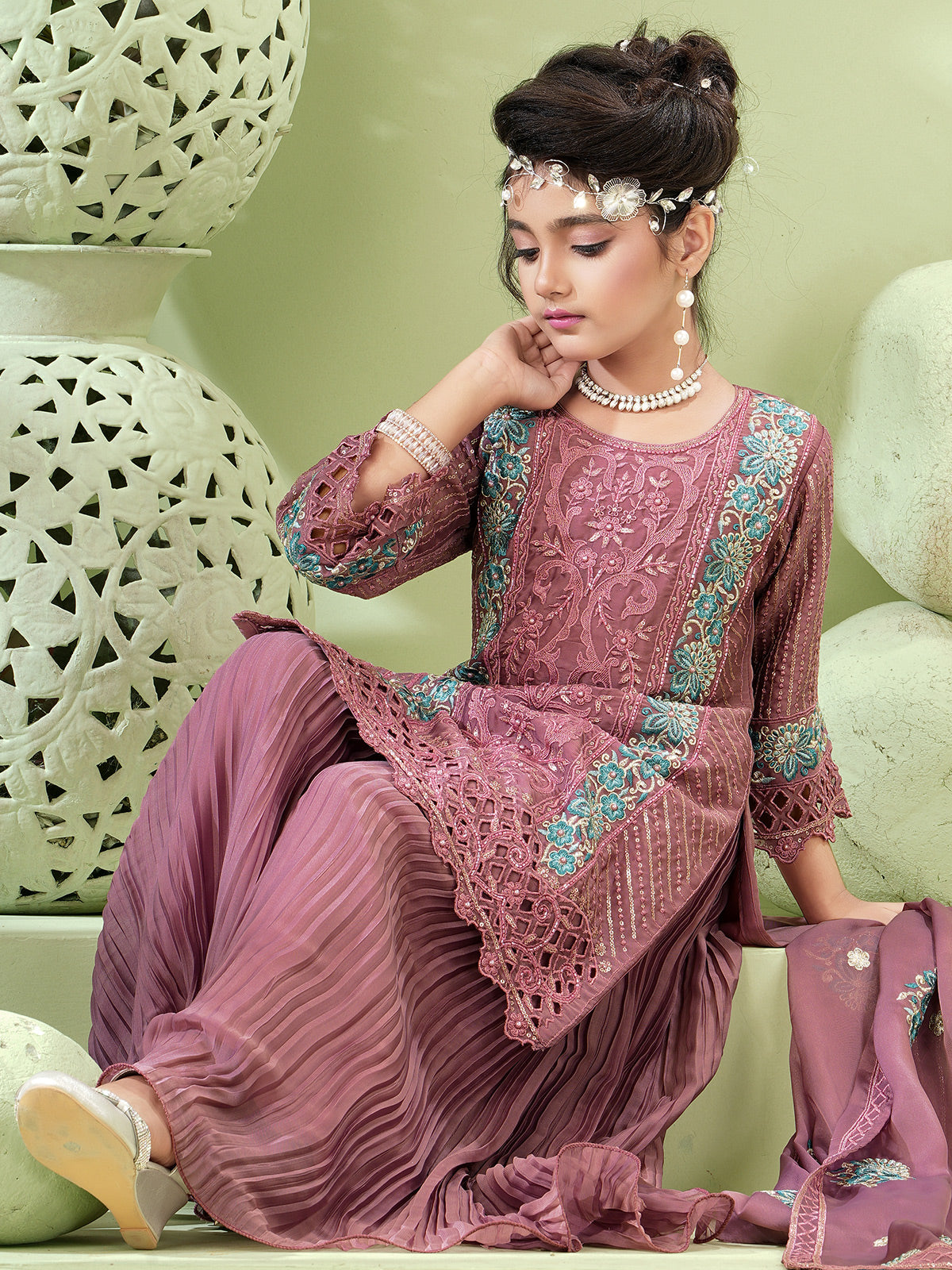 Onion pink silk palazzo suit with dupatta