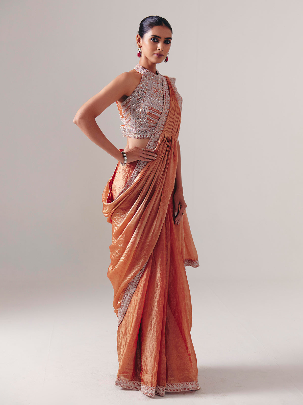 Orange chiffon silk ready to wear saree