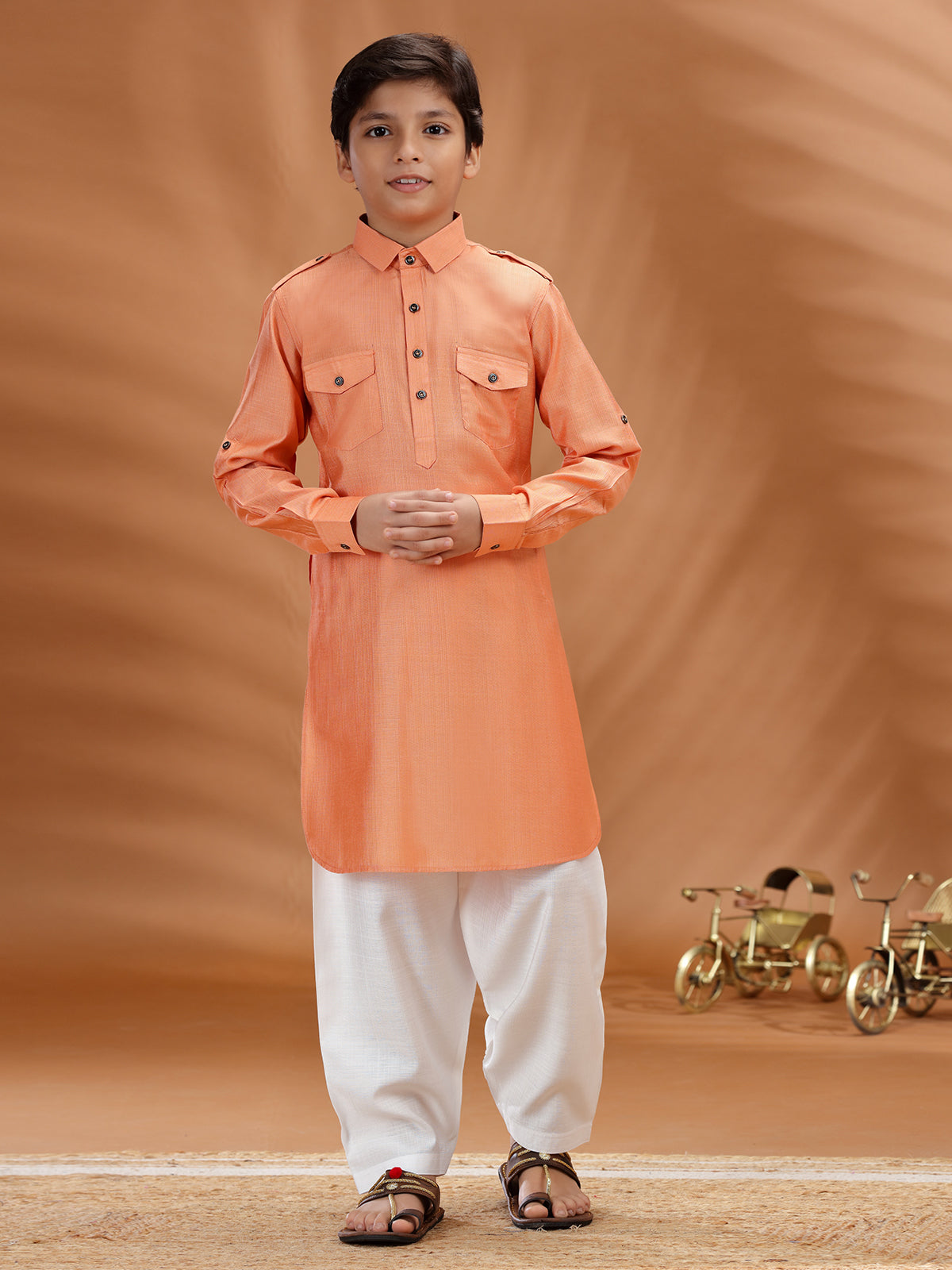 Peach cotton festive wear pathani set