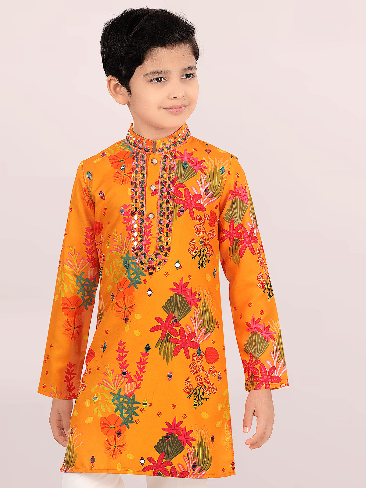 Orange cotton silk haldi special kurta suit for boys