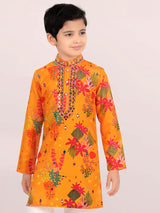 Orange cotton silk haldi special kurta suit for boys