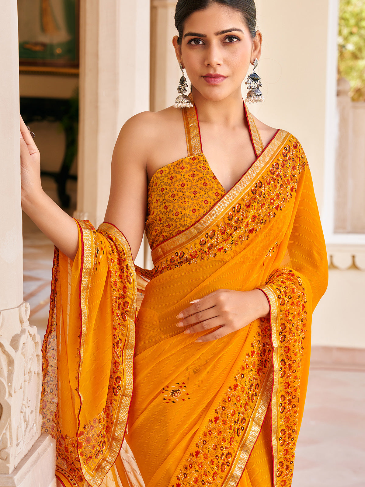Orange georgette printed saree for women