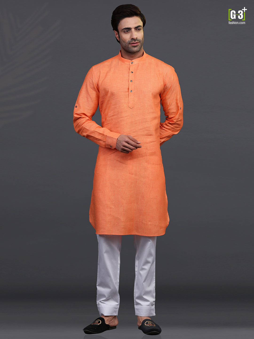 orange linen festive wear kurta suit
