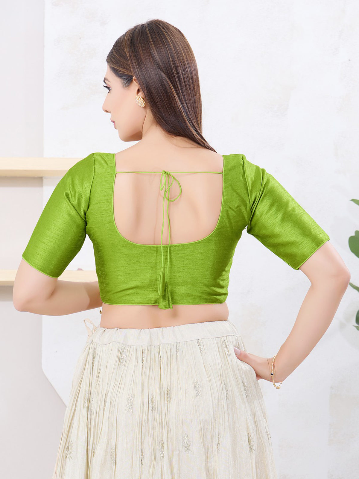 Parrot green dupion silk front open blouse