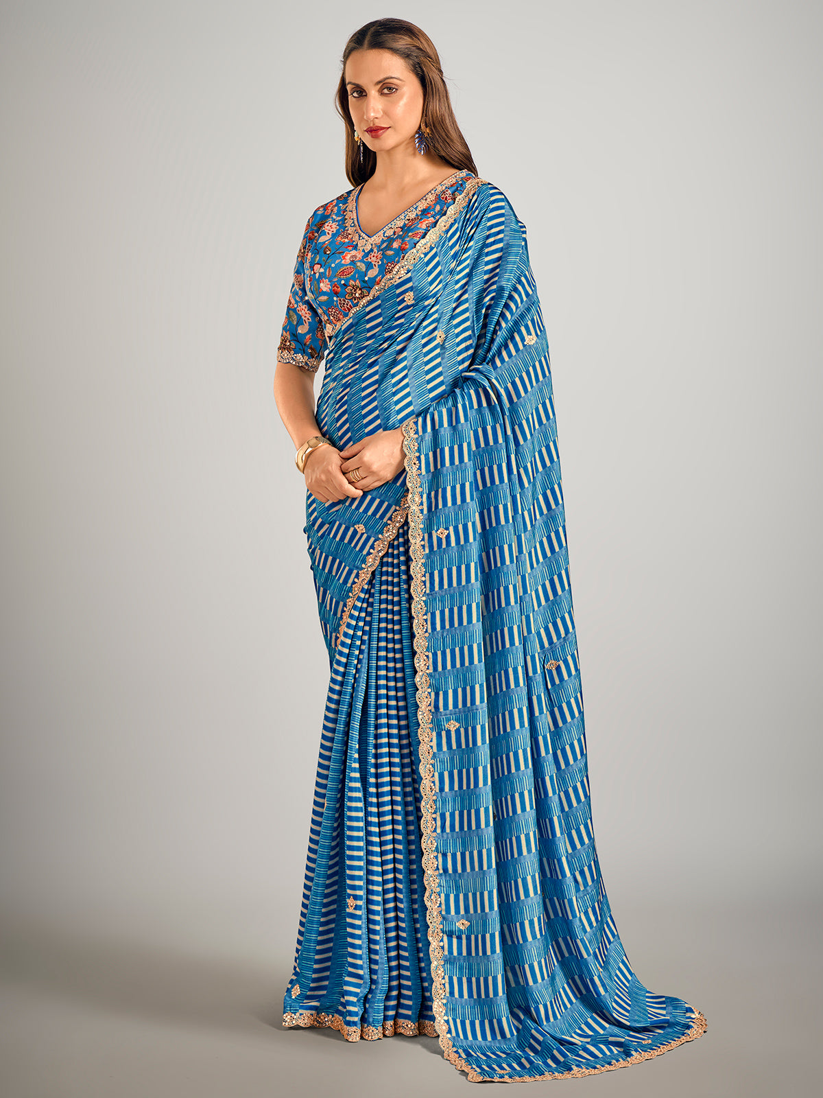 Pastel blue printed crepe silk saree