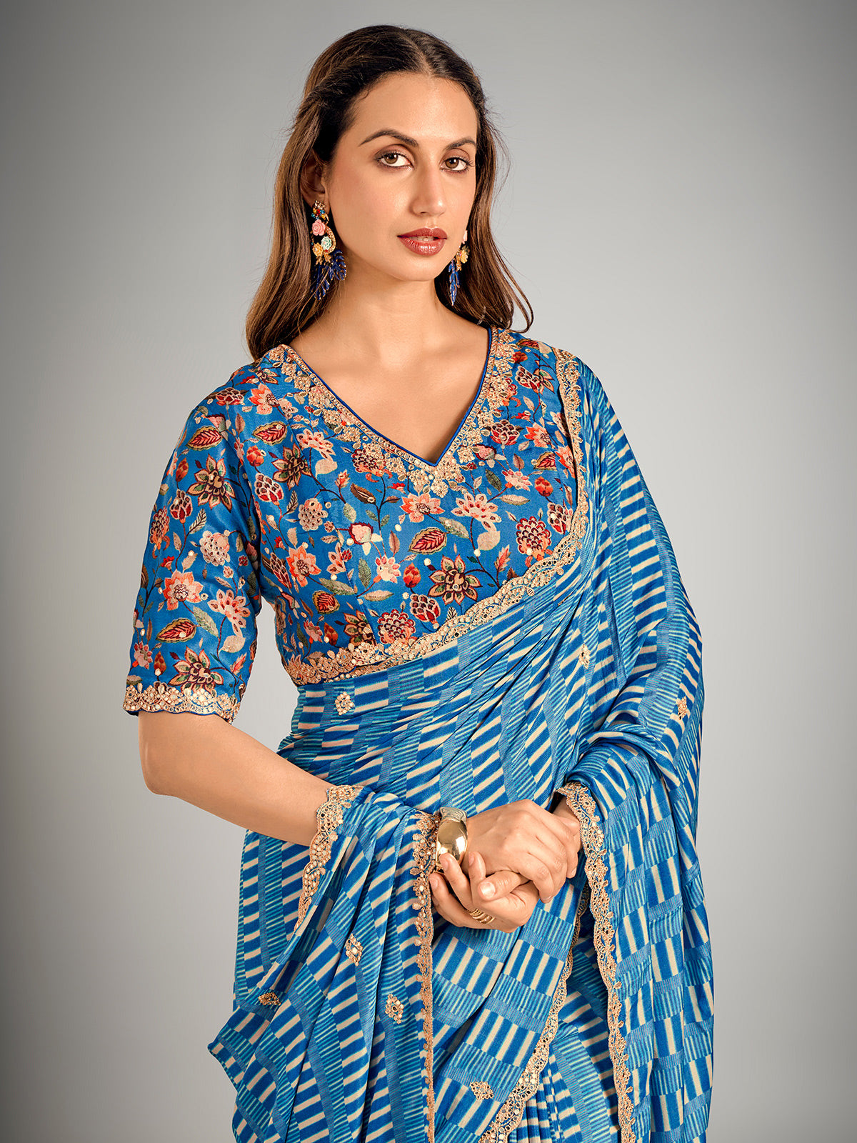 Pastel blue printed crepe silk saree