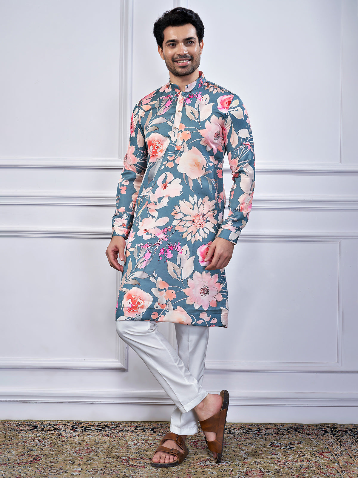 Pastel grey cotton printed kurta suit for festive