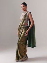 Pastel olive chiffon silk ready to wear saree for wedding