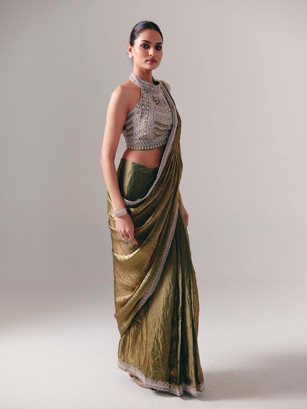 Pastel olive chiffon silk ready to wear saree for wedding