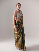 Pastel olive chiffon silk ready to wear saree for wedding