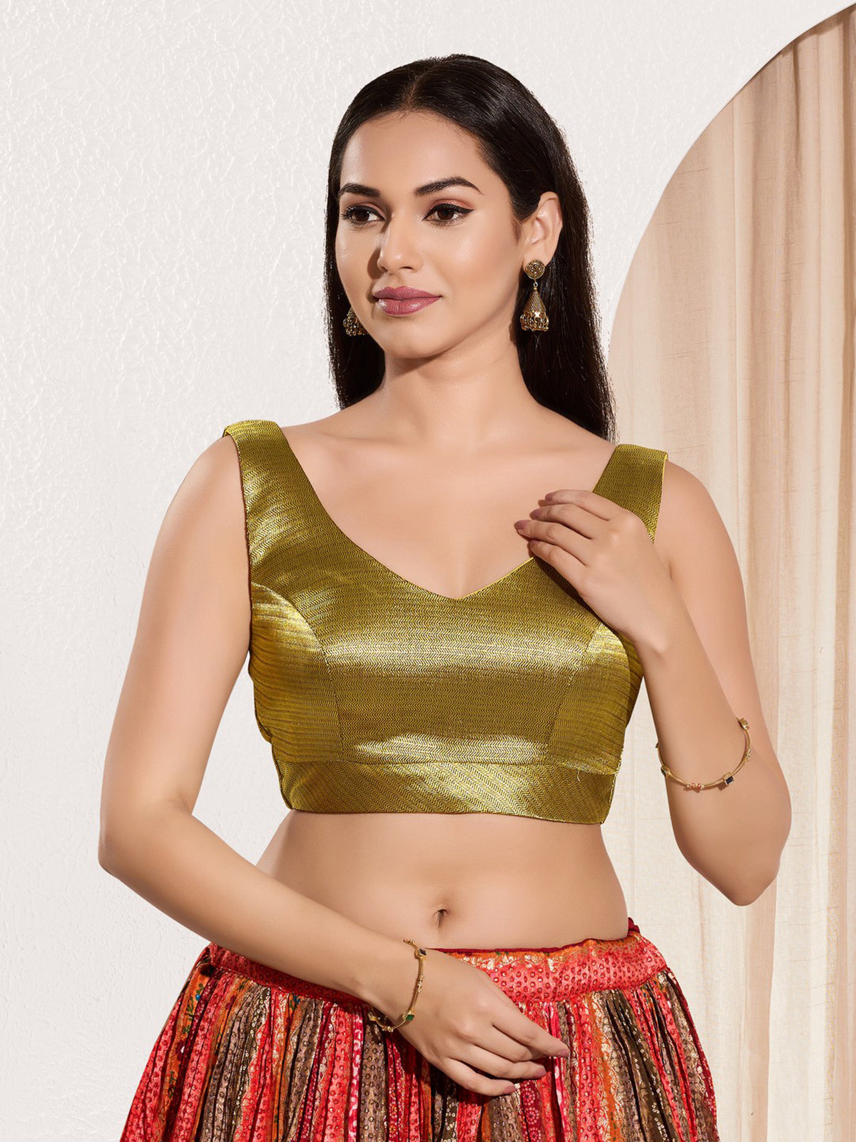 Pastel olive zari weave sweetheart silk blouse