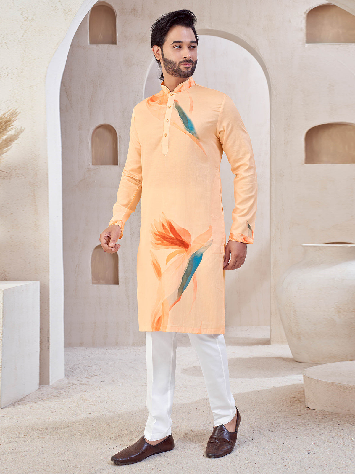 Peach cotton printed kurta suit for men